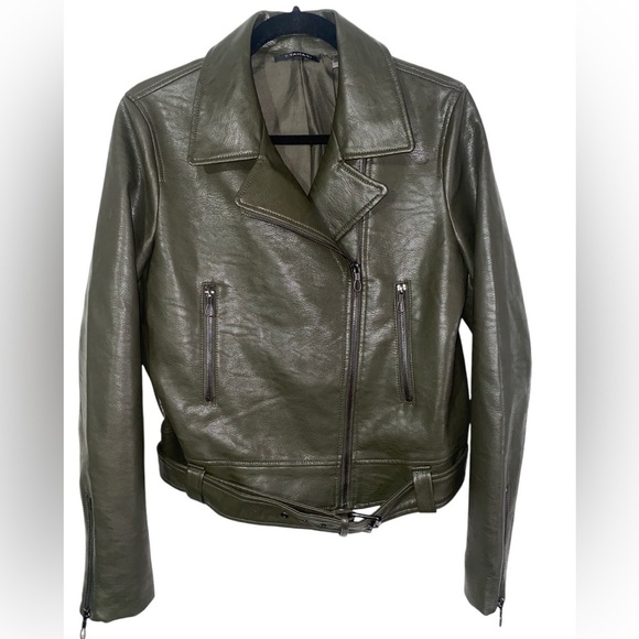 T TAHARI Olive Green Moto Jacket Faux Leather M NWT - Picture 1 of 7